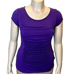 Kenar Knit Top Women's M Purple Ruched Center Round Neck Stretch Cap Sleeve